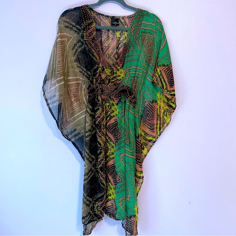 Women’s Green Patterned Swim Cover-Up Kaftan